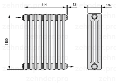 Схема (чертеж) Радиатор Zehnder Charleston 4110/9 №1670 Белый глянцевый RAL 9016